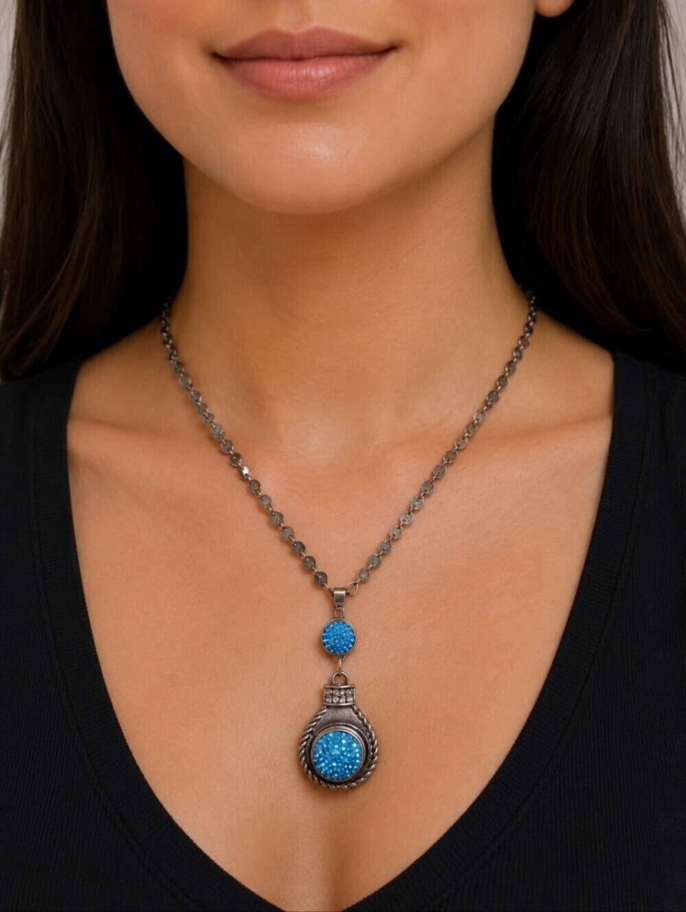 Vintage Icy Blue Acrylic Druzy Teardrop Pendant Disc Chain Necklace